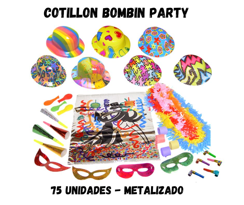 Bolsas de Cotillón Party Metalizado 2024, Bolsa Metalizada de Cotillón Bombín Adulto , Cotillón Bombín Party 7 - Piezas echs.a